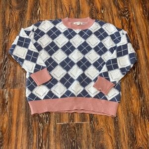 Womens Argyle Knit Sweater Blue Pink White Diamond Crewneck Pullover S Listicle
